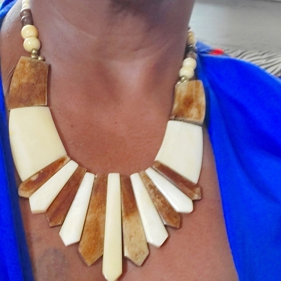 Vintage 1990's nonendanged Carved Bison Bone with Brass Beads Necklace - Picture 1 of 12